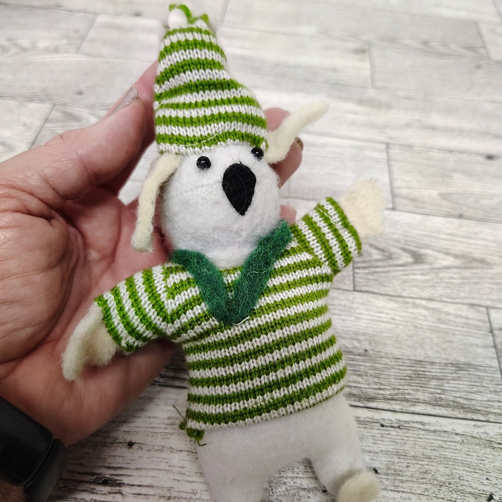 Dog Christmas Ornament‎ Green Striped Sweater Hat Holiday Decor Cute Puppy